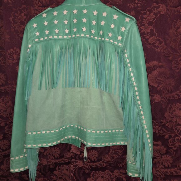 Double D Ranch Turquoise White Leather Fringe Jacket Woman's Size XL - Picture 4 of 10
